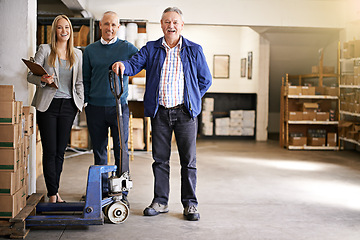 Image showing Portrait, people in distribution warehouse and clipboard for stock check with smile, supply chain and logistic industry. Shipping, supplier and delivery with storage facility for inventory management