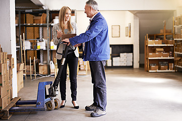 Image showing People, manager and clipboard for inspection in warehouse, distribution and logistics industry with discussion. Checklist, inventory management and pallet jack for boxes with supply chain and storage