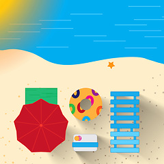 Image showing Above, abstract and beach with umbrella for summer on holiday to relax, chill and fun in hot weather. Illustration, waves and ocean for trip or travel on vacation with break in tourist destination.