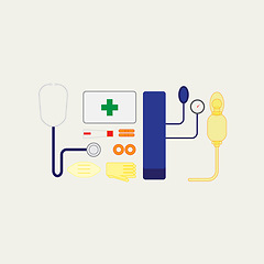 Image showing Abstract, medical and tools or equipment for healthcare at hospital for treatment, diagnosis and examination. Illustration, medicine and kit on safety for injury or illness with care and support