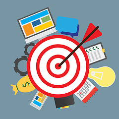 Image showing Illustration, board and arrow with icons on target for financial goals, planning timeline and personal challenge. Infographic, data analysis and chart with symbols on dartboard and aim for success