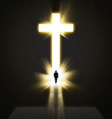 Image showing Faith, fantasy and man with light for cross to walk or journey for spirituality, religion and entrance to heaven. Male person, walking and silhouette with black background for mockup, shadow and glow