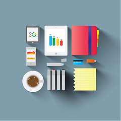 Image showing Office, stationary and flat line illustration for working, professional and background. Tablet, smartphone and notebook for organizing, work and metrics with coffee, diary and productivity for job