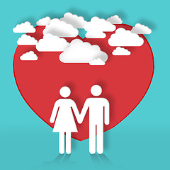 Image showing Graphic, couple and cartoon of heart for love for support, valentines day or marriage symbol. Studio background, clouds or illustration of wallpaper or holding hands for care, design or romance