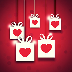 Image showing Graphic, gift box or hearts for symbol of love for support, emotional connection isolated in studio. Red background, art or illustration of present, wallpaper or cartoon for care, design or romance
