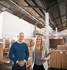 Image showing People, portrait and warehouse packaging for logistics or manufacturing production, boxes or distribution. Woman, clipboard and inventory inspection at factory for e commerce, delivery or courier