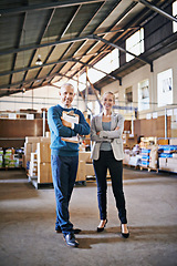 Image showing Boxes, confidence and portrait of business people in factory with package, logistics and distribution. Export, commerce and service team at cargo storage warehouse with clipboard, pride and smile