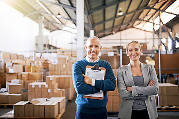 Image showing Boxes, confidence and portrait of business people in warehouse with package, logistics and distribution. Export, commerce and service team at cargo storage factory with clipboard, pride and smile