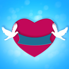 Image showing Graphic, birds and hearts for symbol of love for support, emotional connection or forgiveness. Blue background, creative or illustration of wallpaper or banner in studio for care, design or romance