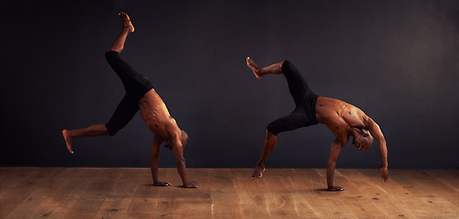 Image showing Movement, dancer and contemporary in studio for acrobatics, competition and training. Composite, balance and young black man for professional, performance arts and workout with dark background