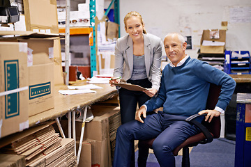 Image showing Business people, management or portrait with clipboard in warehouse for teamwork, quality control or check list. Mature man, woman or smile for supply chain, logistics career or planning product info