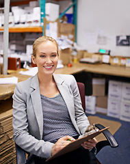 Image showing Business woman, portrait and clipboard in warehouse office for logistics, planning or cargo checklist. Industry, supply chain or factory manager smile for compliance documents for cardboard recycling