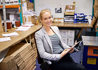 Image showing Smile, face or business woman with clipboard in warehouse office for logistic, planning or cargo checklist. Industry, supply chain or factory manager with compliance documents for cardboard recycling