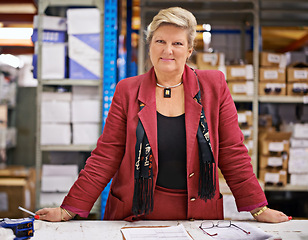 Image showing Mature, woman and portrait with inventory in warehouse for quality control, happiness and supply chain. Manager, inspector and writing delivery data for shipping, logistics industry and product info