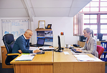 Image showing Business people, computer desk and coworking with boss and office administrator typing at company. Assistant, entrepreneur and professional worker with staff and online at a startup with technology