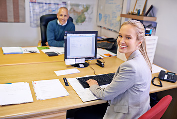 Image showing Business people, desk and coworking portrait with office administrator and woman employee at company. Assistant, computer and professional worker with staff and online at a startup with technology
