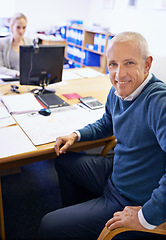 Image showing Business man, desk and coworking portrait with office administrator and corporate man at company. CEO, computer and professional worker with staff and online at a startup with technology and smile