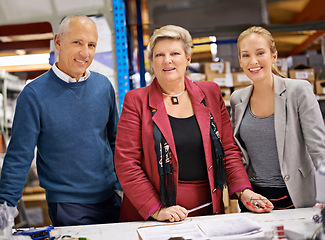 Image showing Business people, management or portrait for teamwork in warehouse with inventory, quality control or check list. Mature man, woman or smile for supply chain, logistics career or product info check up