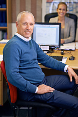 Image showing Business man, desk and coworking portrait with office administrator and executive employee at company. CEO, computer and professional worker with staff and online at a startup with technology