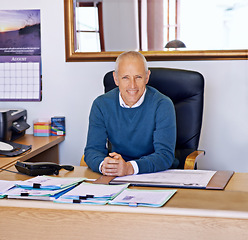 Image showing Happy businessman, portrait and office with documents in accounting, finance or company budget at workplace. Senior man, accountant or financial executive with smile for paperwork, profit or expenses