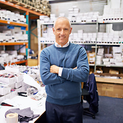 Image showing Portrait, man and happy shelves in distribution warehouse and pride in career as inspection of stock. Positive face, professional and arms crossed for job satisfaction or manager of inventory on site