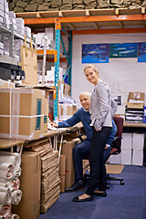 Image showing Business people, supervisor and portrait for teamwork in warehouse with inventory, quality control or check list. Mature man, woman or smile for supply chain, logistics career or writing product info