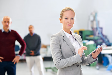 Image showing Portrait, tablet or business woman at warehouse with team for stock, cargo or quality control inspection. Ecommerce, supply chain or factory manager with logistics app, planning or procurement search