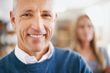 Image showing Happy, man and portrait of business people in warehouse with confidence, logistics or distribution. Export, commerce and team at cargo storage factory with smile, pride and leader in global service