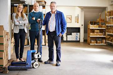 Image showing Team, portrait and people in distribution warehouse, supply chain and logistic industry with pallet jack for boxes. Shipping, supplier and delivery with storage facility and inventory with management