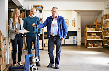 Image showing Portrait, happy people in distribution warehouse and clipboard for stock check, supply chain and logistics industry. Shipping, supplier and delivery with storage facility for inventory management