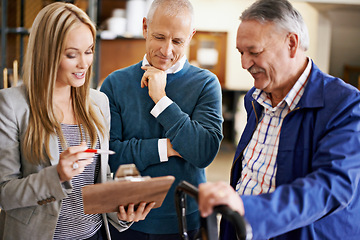 Image showing People, clipboard or planning of stock control, logistics or warehouse in audit compliance policy. Happy woman, delivery man or document as inventory management, accountability or order fulfillment