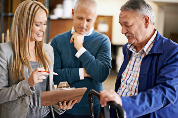 Image showing Happy, team or clipboard in stock control, distribution or warehouse as logistic, work or compliance. Woman, staff or smile at checklist, product or inventory management in planning factory audit