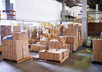 Image showing Boxes, packaging and warehouse production for shipping distribution for supply chain import, ecommerce or cargo. Business, delivery and manufacturing factory for company order, logistics or freight