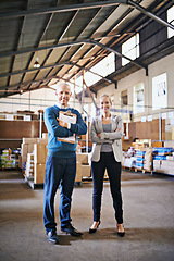 Image showing Confidence, portrait and business people in warehouse together with package, logistics and distribution. Export, commerce and service team at cargo storage factory with clipboard, pride and smile