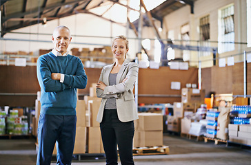 Image showing Boxes, portrait and business people in factory together with package, logistics or distribution. Export, commerce and service delivery team at cargo storage warehouse with confidence, pride and smile