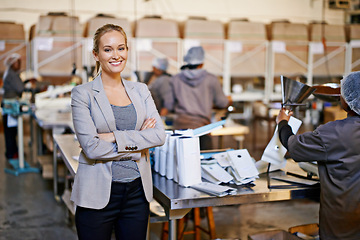 Image showing Woman, portrait and warehouse teamwork for packaging production with workers, distribution or shipping. Female person, face and factory manufacturing for parcel logistics, industrial or wholesale