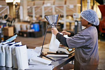 Image showing Manufacturing, woman and coffee packaging in factory with export service, career and production process. Business, worker and employee with bags, weighing tool or supply chain industry in warehouse