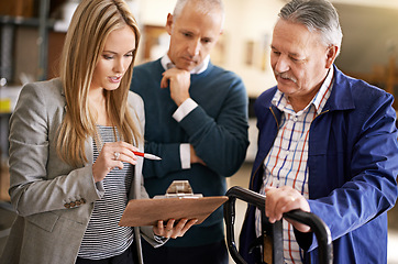 Image showing People, checklist or distribution as inventory management, warehouse or logistics of order delivery. Businesspeople, staff or clipboard as stock, inspection or quality assurance of shipping plant