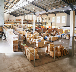 Image showing Boxes, packaging and factory warehouse for distribution cargo for supply chain import, ecommerce or order. Business, delivery and manufacturing inventory for company storage, logistics or shipping