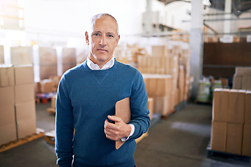 Image showing Boxes, confidence and portrait of businessman in warehouse with package, logistics and distribution. Export, commerce and manager at cargo storage factory with clipboard, pride and supply chain job