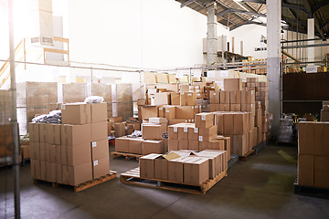 Image showing Boxes, packaging and factory production for shipping distribution for supply chain import, ecommerce or cargo. Business, delivery and manufacturing inventory for company order, logistics or service