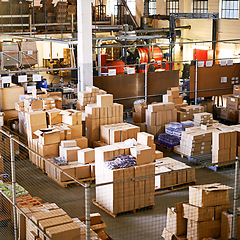 Image showing Boxes, packaging and factory warehouse for shipping distribution for supply chain import, ecommerce or cargo. Business, delivery and manufacturing inventory for company order, logistics or service