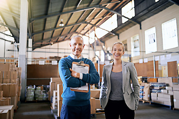 Image showing Confidence, portrait and business people in factory together with package, logistics and distribution. Export, commerce and service team at cargo storage warehouse with clipboard, pride and smile