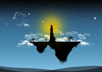 Image showing Sky, abstract and illustration of lighthouse silhouette for peace or fantasy at night with graphic drawing. Creative, natural and island float with clouds, calm and dream with nature for travel