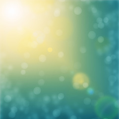 Image showing Bokeh, stars and light with lens flare for fantasy, peace and nature with abstract view on green background. Bright, cosmos and air space with illumination shining for graphic, creativity and calm