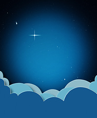 Image showing Cartoon, digital illustration and clouds in sky for nature, fantasy and peace with stars on dark night or galaxy. Light, atmosphere and air space with graphic drawing for dream, creativity and calm