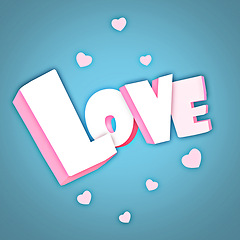 Image showing Love, heart and letters on graphic with word in studio for texture, pattern or design isolated on a blue background. Valentines day, sign and icons with text for art, label or typography for romance