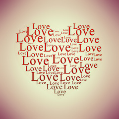 Image showing Shape, words and text in heart for love for support, valentines day and mock up space. Studio background, marriage commitment or illustration of creative wallpaper for care, graphic design or romance