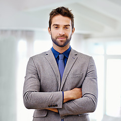 Image showing Portrait, smile and happy businessman in office, formal and corporate business owner. Face, confidence and management in suit for professional male person, startup entrepreneur and finance career