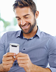 Image showing Business man, phone and check an email in home, communication and networking for company. Male person, smile and reading a notification on app for conversation, website and internet for information